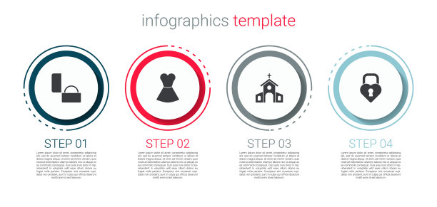 镶嵌钻石订婚戒指，女人礼服，教堂建筑和心形城堡。业务信息模板。向量图片下载
