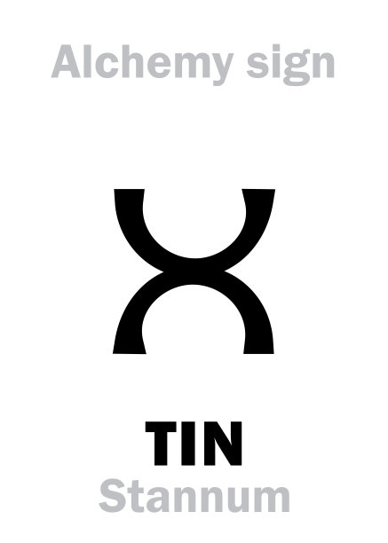 Alchemy字母表:TIN(锡/ Stagnum，铅专辑;锡(锡)，七大古代金属之一;例如:锡，白铅，卡西特罗斯(希腊)，也可以是银和铅的合金。化学公式= (Sn)。图片下载