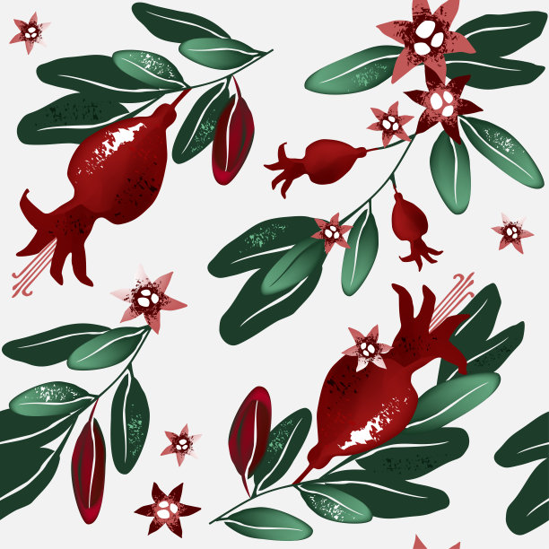 玫瑰果图案，叶子和粉红色的花在白色的背景。图片下载