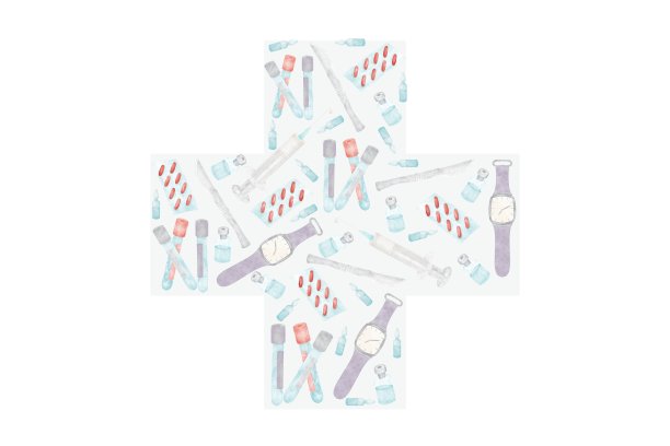 由注射器、手术刀、试管、安瓿、白色背景上的时钟组成的医疗十字剪影，装饰元素图片下载