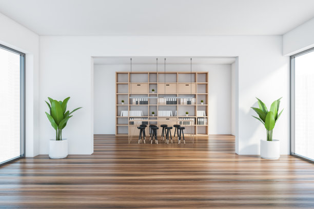白色木质房间，有椅子，书架和文件夹，镶木地板图片下载