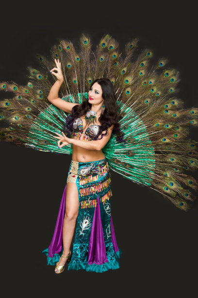 国家舞蹈演员穿着华丽的鸟羽毛服装在黑色背景下，孤立无援图片下载
