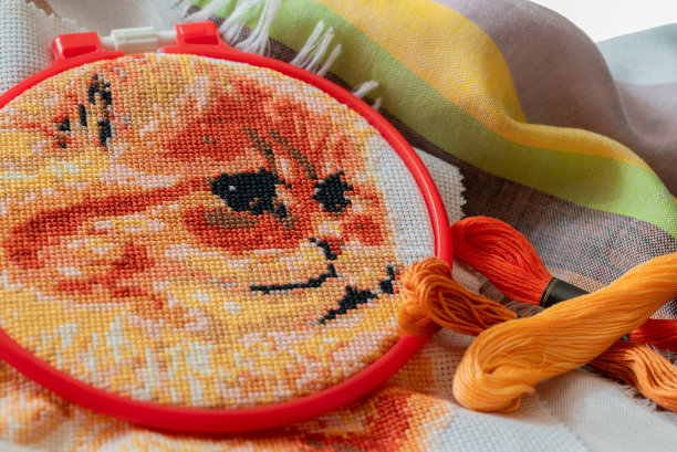 绣框内嵌绣花十字图案的帆布，旁边放着彩色的丝线。十字绣，爱好和娱乐，做自己的概念图片下载