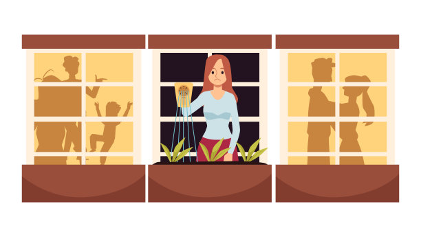 孤独的单身女子站在心烦意乱，平矢插图孤立。图片下载