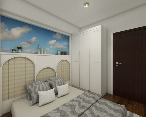 儿童卧室设计与白色衣柜衣服和床头板镶板图片下载