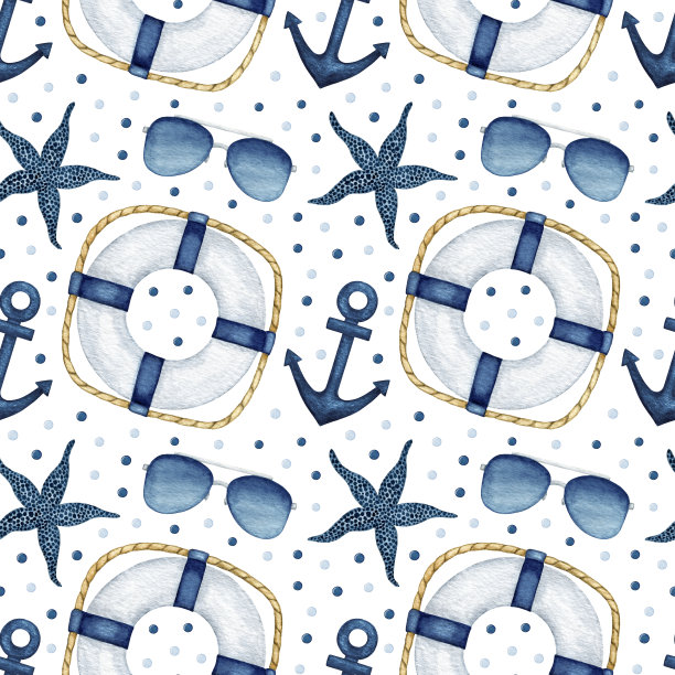 水彩夏海度假无缝模式。游艇旅游，船舶导航，船舶设备。手绘背景图片下载