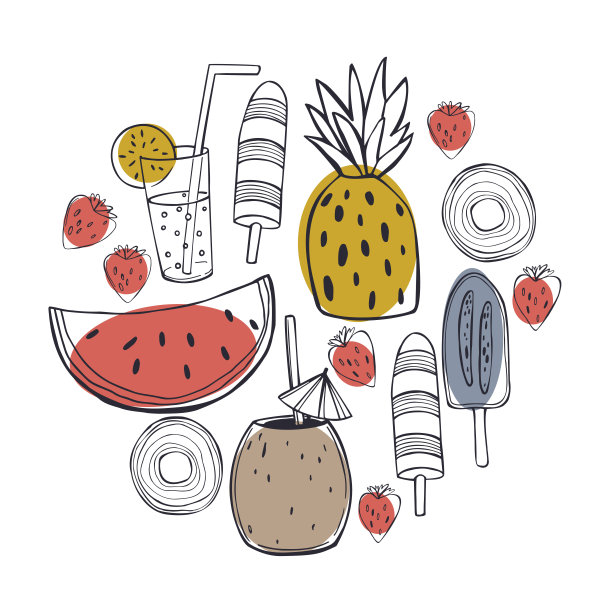 夏天的食物和饮料。矢量插图。图片下载