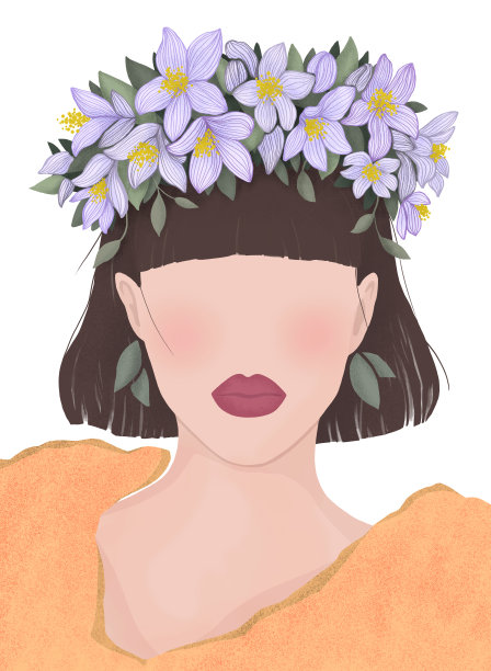 戴着丁香花圈的黑发女人。现代平面插图。用于海报、横幅、明信片、杂志或书籍封面图片下载