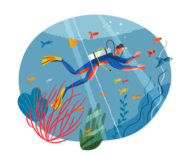 男人在水下潜水：与鱼、珊瑚、植物的潜水员矢量插图图片下载