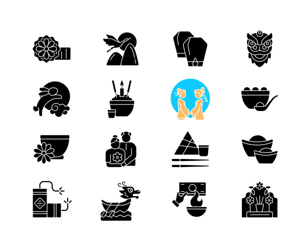 中国节日的黑色象形文字图标设置在空白图片下载