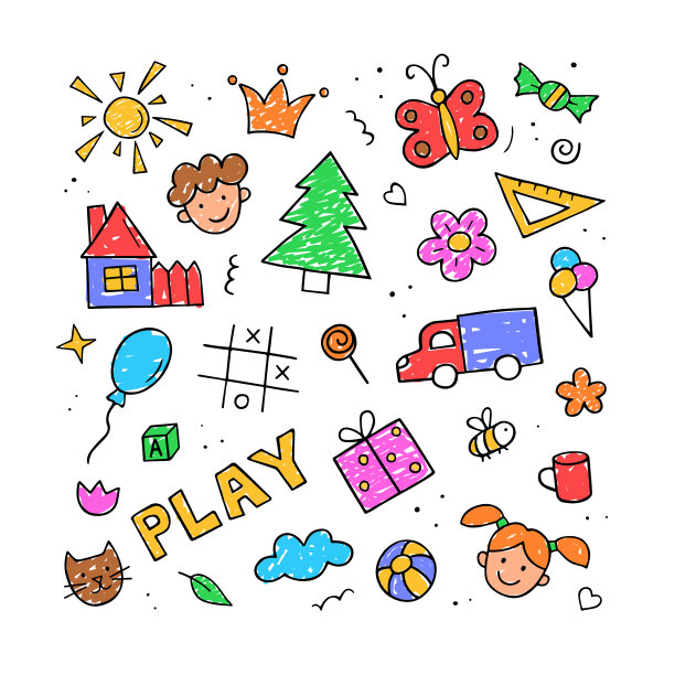 一套幼稚的涂鸦风格的元素。手绘收集可爱的孩子涂鸦。矢量彩色插图图标，背景，网页设计和更多。图片下载