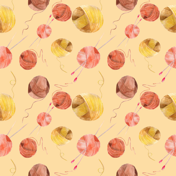 水彩插图。在黄色背景上的无缝图案，由编织用的几缕纱线制成。用针织针编织的球，颜色为棕色和黄色。图片下载