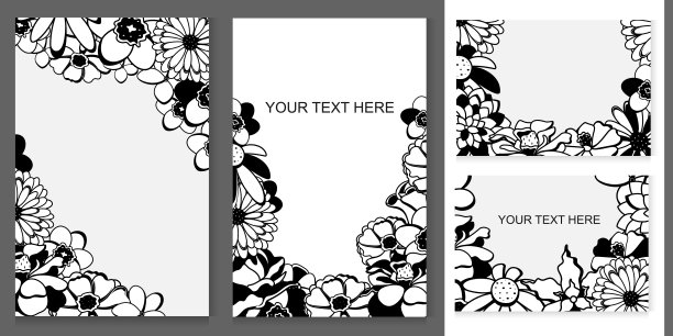 一套向量卡与轮廓花在黑色和白色的颜色和地方为文本。图片下载