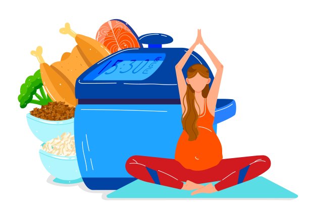 健康食品，孕妇，烤鸡，健康蔬菜，健康饮食，设计，卡通风格矢量插画。图片下载