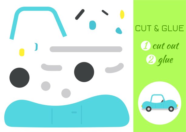剪纸和胶水纸卡通蓝绿色汽车。剪贴工艺活动页面。学龄前儿童的教育游戏。DIY工作表。幼儿逻辑游戏，活动拼图。矢量插图。图片下载