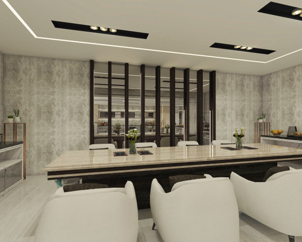 豪华餐厅设计与木桌和墙板装饰图片下载