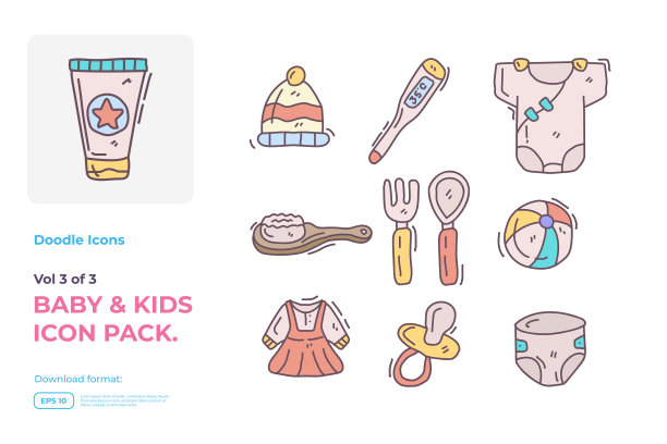 套手画涂鸦可爱的婴儿和儿童护理填补彩色图标为新生儿与玩具，食物，配件符号符号矢量插图图片下载