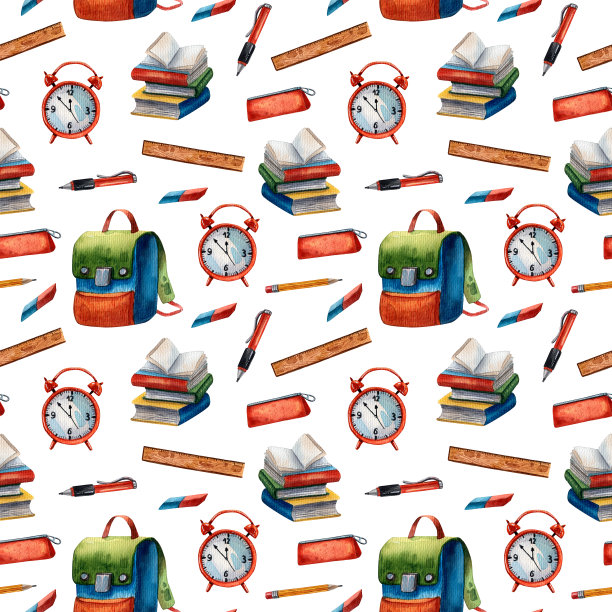 水彩学校模式。可爱的手绘卡通风格。彩色铅笔，背包，闹钟和书元素。回到学校的风格。小学的供应。无缝纹理打印。图片下载