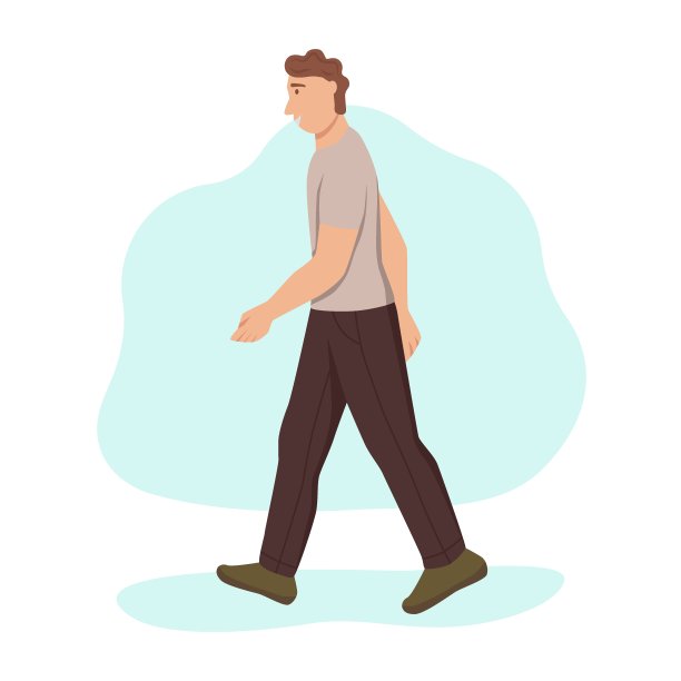 一个穿t恤和裤子的年轻人走在街上。平面卡通矢量插图。图片下载