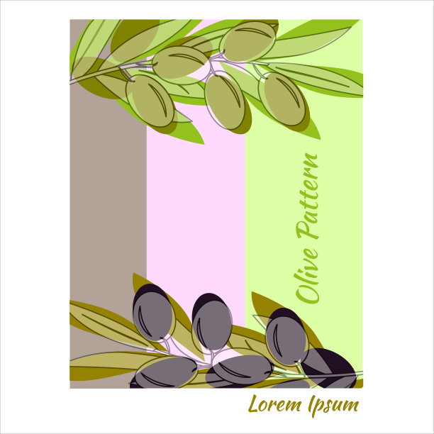 橄榄枝的叶子和果实，颜色柔和的背景。用于印刷在海报、纺织品、服装、贴纸上的花卉图案。矢量插图在大纲样式，文本。图片下载