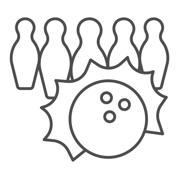 保龄球瓶细线图标，白色背景上的保龄球概念、保龄球比赛标志，适用于移动概念和网页设计的球瓶和滚球轮廓样式图标，矢量图形图片下载