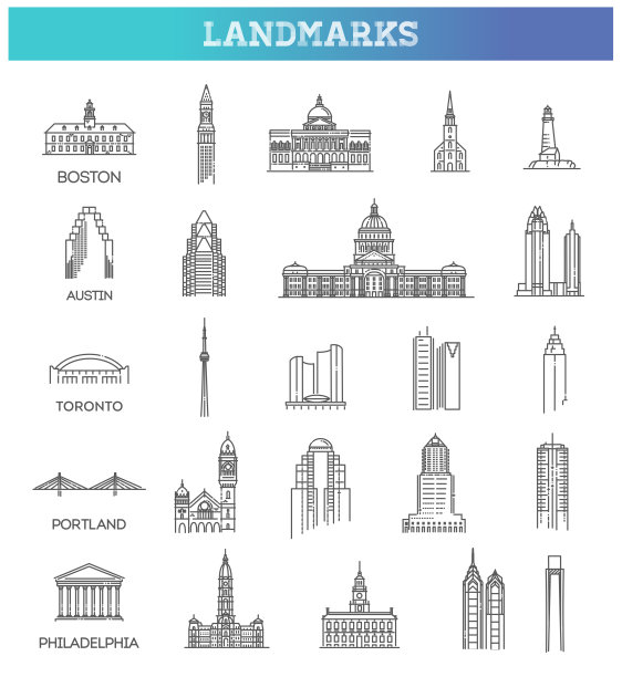 简单的线性矢量图标集代表全球旅游美国地标和度假旅游目的地图片下载