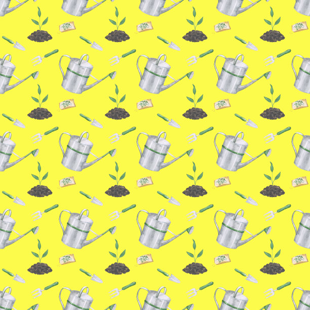 园艺工具无缝图案上的黄色背景。水彩园林工具无穷无尽的打印。农舍手绘墙纸。种子，软管，铁锹，喷壶，发芽插图。图片下载