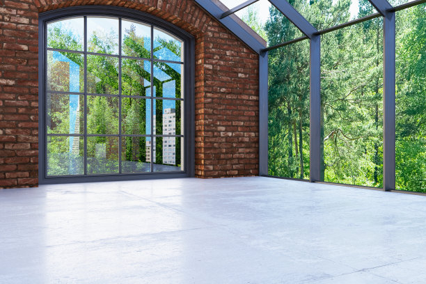 没有家具的空房间，砖墙和自然景观图片下载