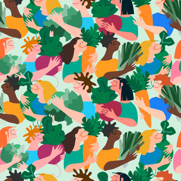 无缝模式与多种族的人拿着巨大的蔬菜。收获的概念，健康的饮食，素食主义图片下载