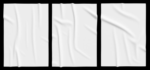 白色褶皱海报模板集。模型的胶纸孤立的黑色背景。图片下载