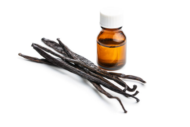 香草豆荚和香草精华在玻璃瓶。图片下载