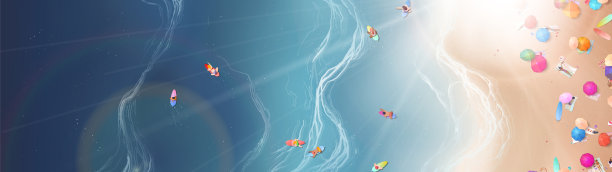 五颜六色的夏日横幅，冲浪海滩剪纸。漂亮的俯视图海报。图片下载