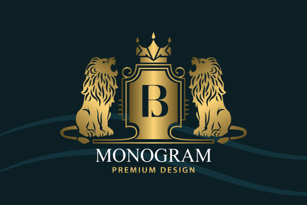 金色纹章和咆哮狮。字母B.带皇冠的艺术设计。具有皇家特征的创意标志。的标志。两个野生动物。奢华的风格。对品牌有好处。矢量图图片下载