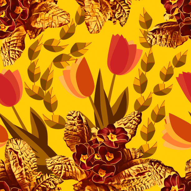 春花报春花和郁金香，图案无缝。图片下载