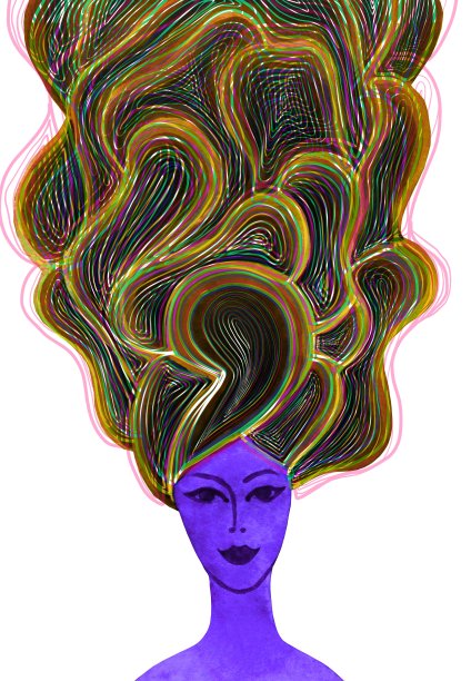 一个美丽的年轻女孩的图形画与长多彩的头发图片下载