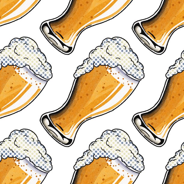 手绘复古无缝图案啤酒。半色调复古啤酒杯。大量的泡沫。使用横幅，海报，标签，商店，广告销售，传单，印刷品，纺织品图片下载