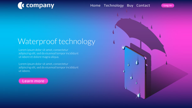 防水智能手机网站模板与等距手机伞下的蓝色背景。复制空间热提供按钮和顶部菜单。矢量插图。图片下载