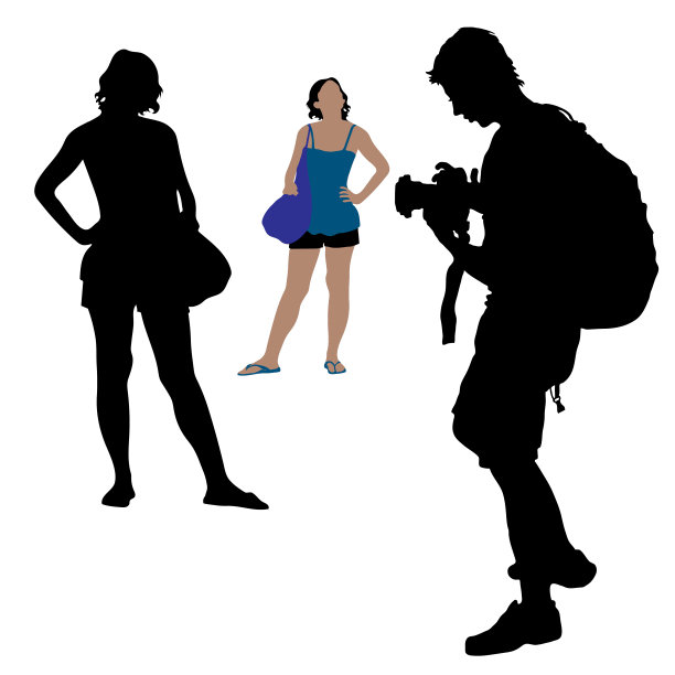 矢量插图与男性和女性剪影孤立在白色背景。一名男子拍摄他的女友，苗条的女孩与一个包。穿衣服的女人的剪影。图片下载