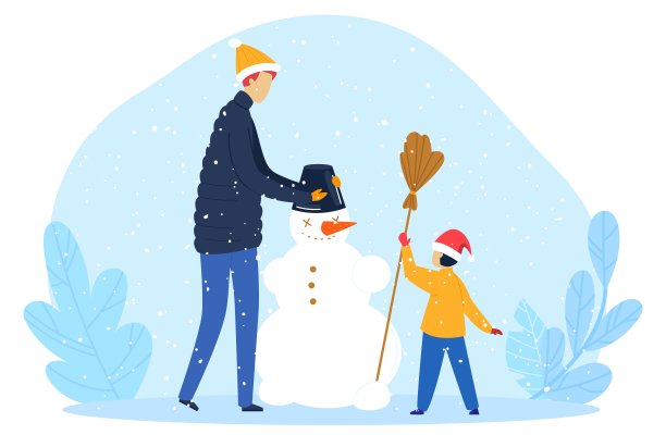 冬天堆雪人，儿子和爸爸一起快乐度过时光，全家在户外下雪，设计，以卡通风格矢量插画。图片下载