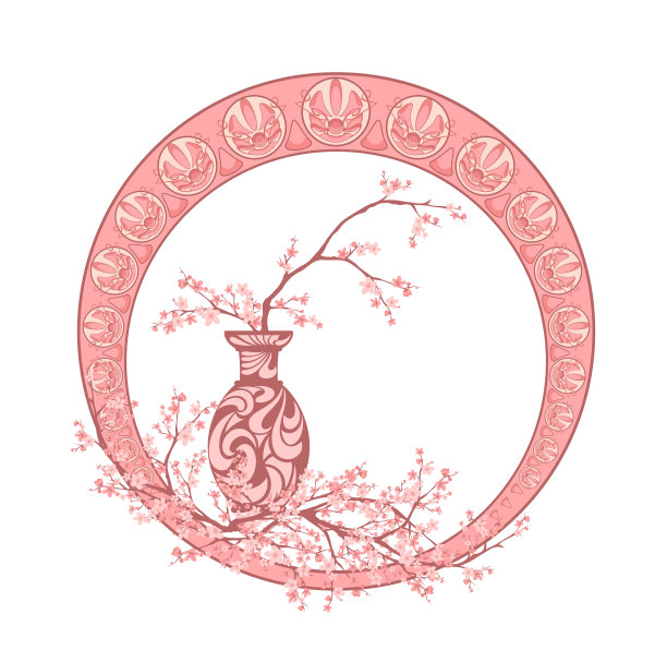 陶瓷花瓶和樱花枝叶构成新艺术风格向量框架图片下载