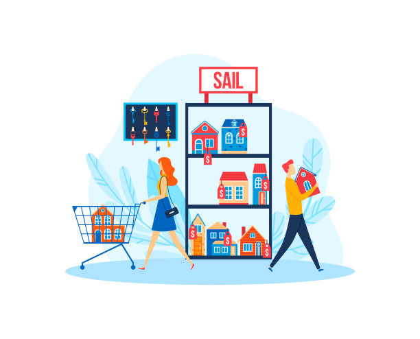 房地产销售，出租于木架概念，矢量插图。人们卡通人物购买房产和家庭公寓。图片下载