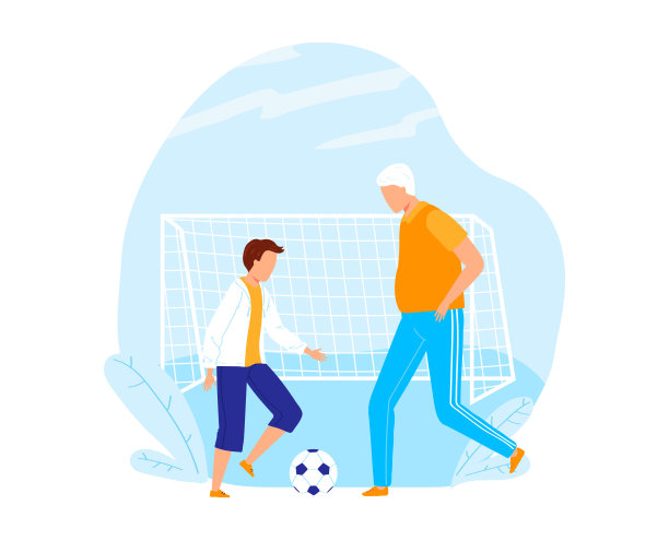 全家休闲快乐，孙子和爷爷一起踢足球，卡通足球运动矢量插画。孩子的人活动图片下载