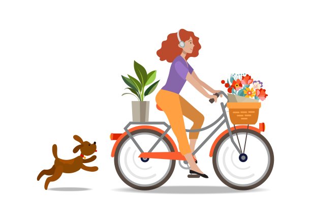 女孩骑着自行车，带着可爱的小狗和鲜花。平面风格的插图。图片下载
