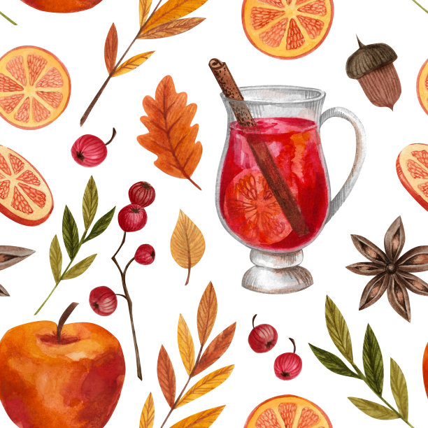 无缝图案秋收，秋叶，热红酒，肉桂，苹果，橘子，橡树叶，橡子水彩插图图片下载