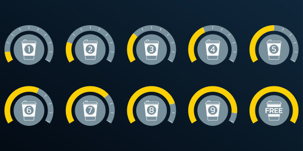 咖啡忠诚卡概念与带走咖啡杯图标。买9个，送1个。咖啡饮料推广设计模板。矢量插图。图片下载