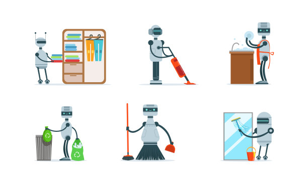 家庭机器人设置，家庭Android助手帮助人们与家务卡通矢量插图图片下载