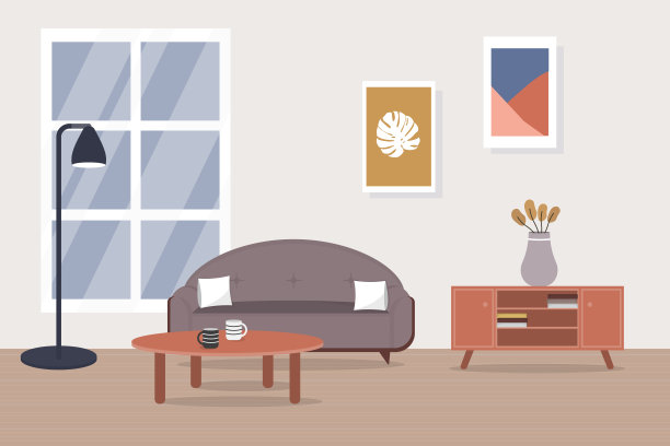 时尚斯堪的纳维亚风格的客厅内饰有沙发、木制家具、台灯和大窗户。平面矢量插图的家居设计。”图片下载
