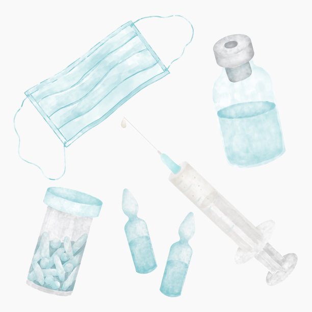 全套医疗器械、口罩、注射器、安瓿、药瓶、片剂蓝灰插图医用数字水彩图片下载