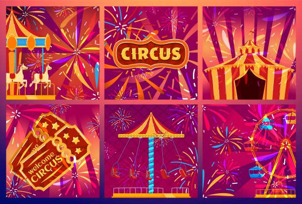 马戏团旋转木马，烟花横幅，娱乐嘉年华，公园节日乐趣，设计，以卡通风格矢量插图。图片下载