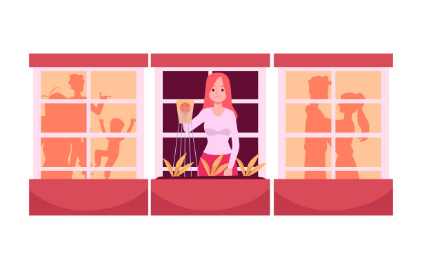 一脸忧伤的寂寞少妇正在阳台上给植物浇水。图片下载